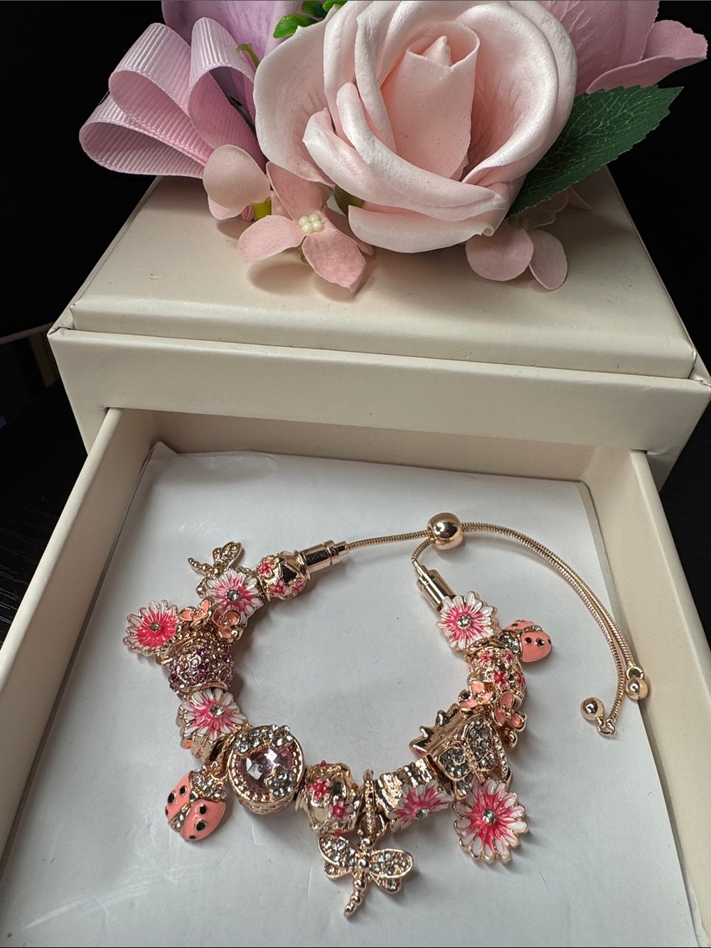 Delicate Pink Floral Charm Bracelet - Women's Jewelry